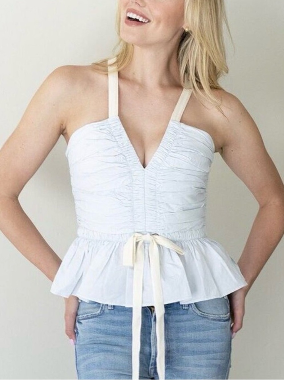 ULLA JOHNSON Merritt Top Peplum Corset Babydoll Cotton in Sea Glass - Size 0